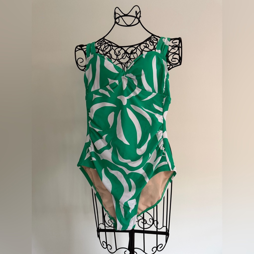 Shade shore one piece bathing suit in white and green with gold tone design - Picture 10 of 10